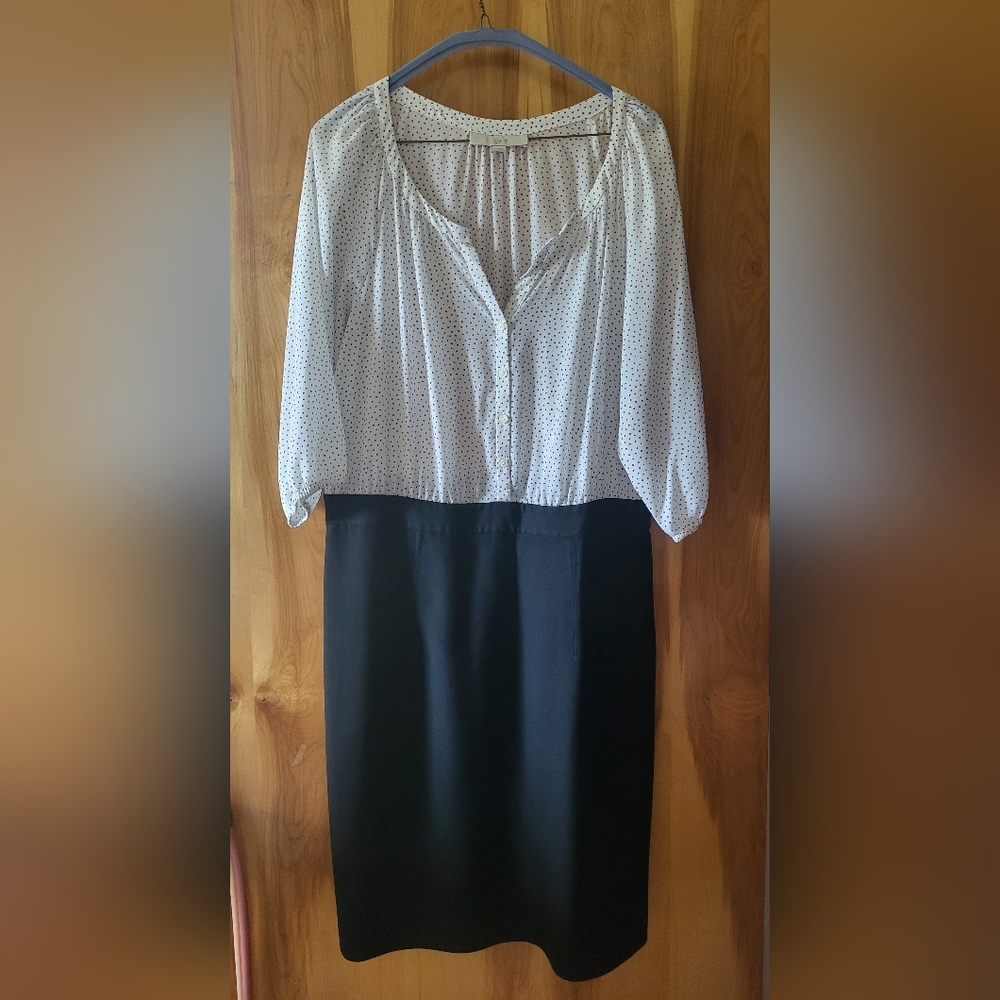 LOFT Ivory Blouse Dress with Black Polka Dot Pattern